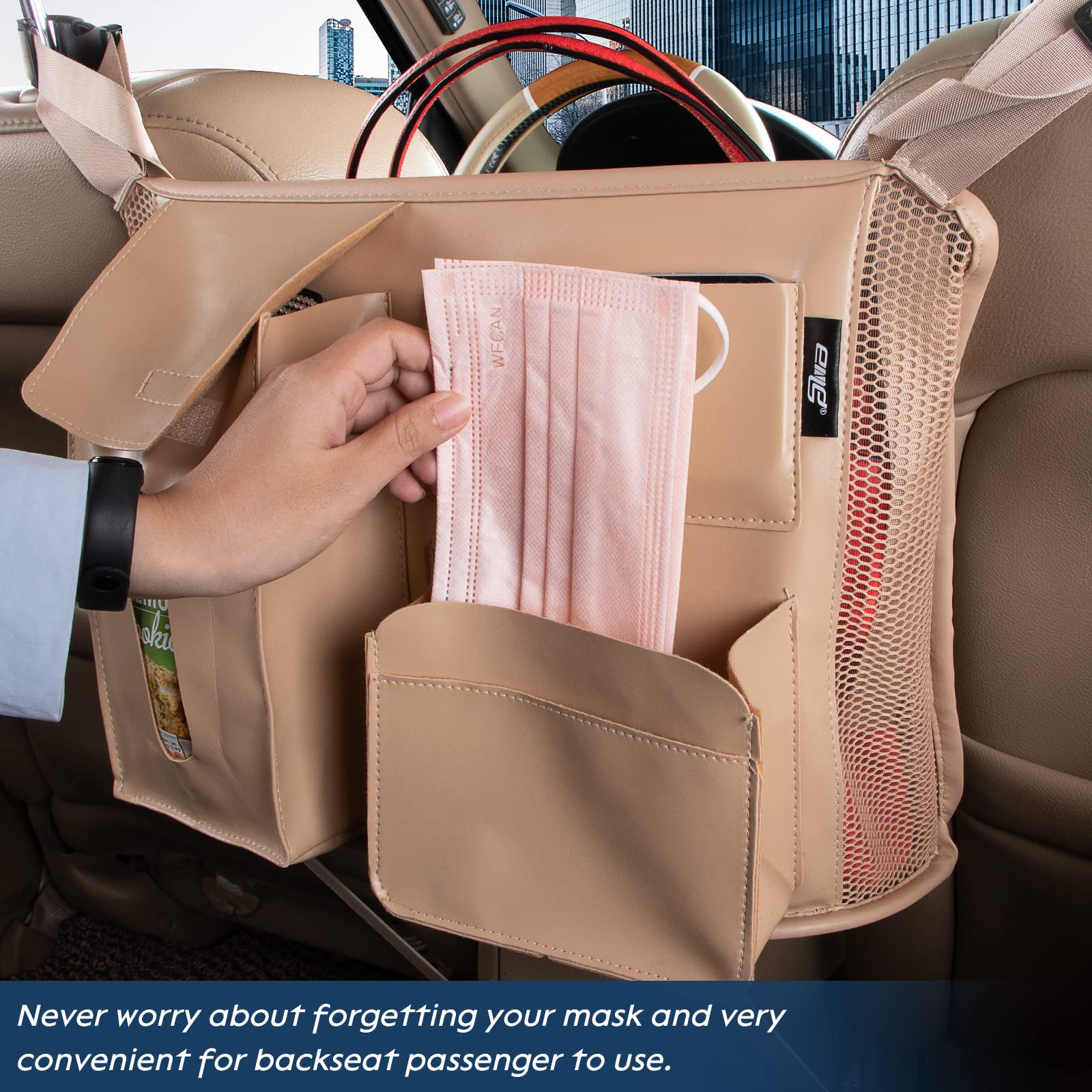 Car Seat Back Organizer, Net Purse Hangbag Holder for Car, Auto Driver Or Passenger Accessories Organizer, Vehicle Console Caddy, Personal Travel Storage Bag for Pet Kids Adults, Pu Leather Beige - Image 3