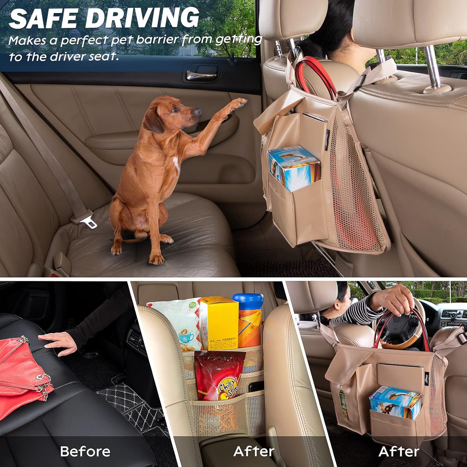 Car Seat Back Organizer, Net Purse Hangbag Holder for Car, Auto Driver Or Passenger Accessories Organizer, Vehicle Console Caddy, Personal Travel Storage Bag for Pet Kids Adults, Pu Leather Beige - Image 4