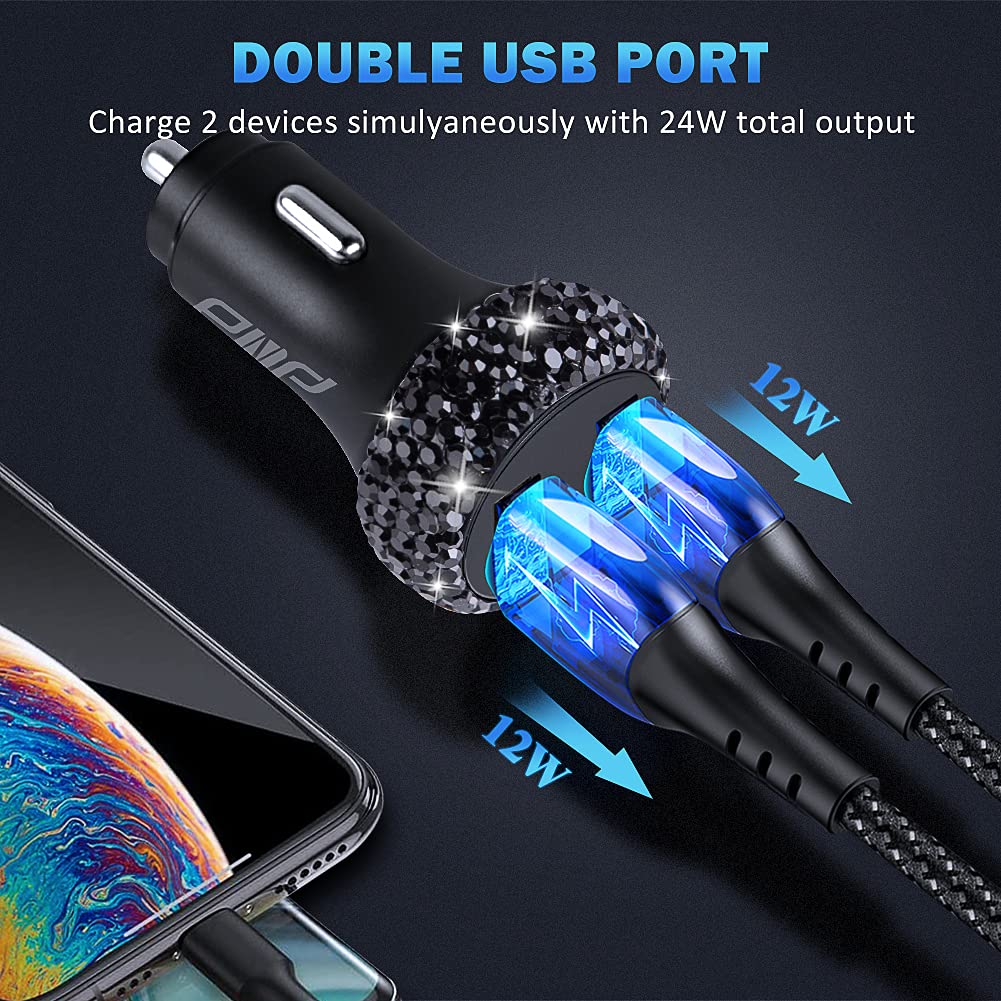 Dual USB Car Charger Quick Charge 3.0 Car Adapter Fast Charging Charger Compatible with iPhone 11/11pro/ MAX/XS/XR/X/10,iPad,Samsung S10/S10+/S9,Google Pixel 4/4 XL etc,Bling Car Decor,Black - Image 3