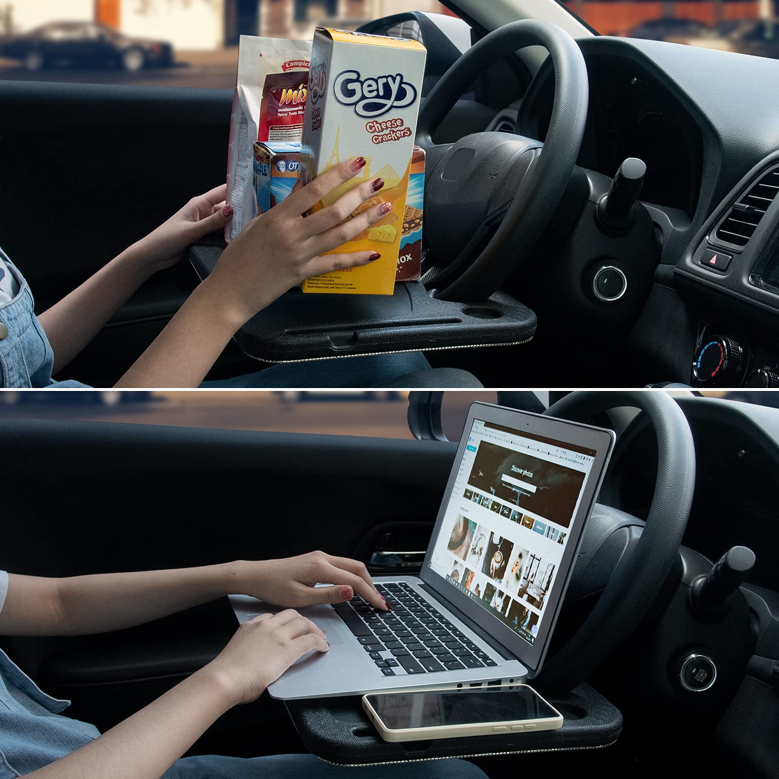 eing Bling Auto Steering Wheel Desk, Laptop,Tablet, Notebook Car Travel Table, Food Eating Hook On Steering Wheel Tray, for Constant Travelers, Fits Most Vehicles Steering Wheels,White - Image 5