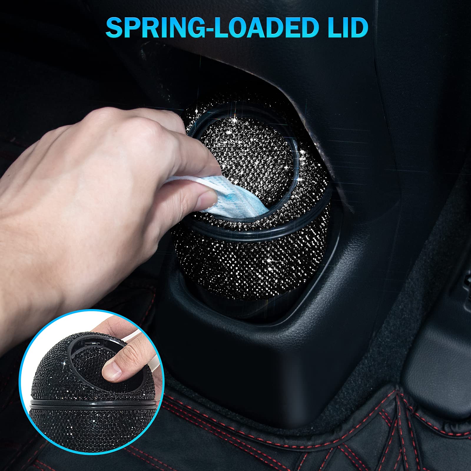 eing Car Trash Can Bling Crystal Auto Mini Trash Bin for Car Office Home Women,Car Cup Holder Garbage Can with Lid and 5 Pack Disposable Garbage Gag, Black - Image 3